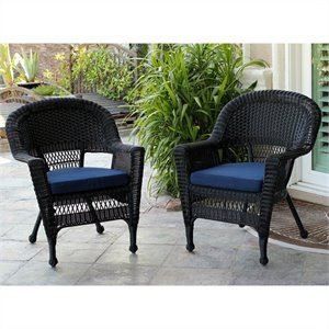 Jeco Wicker Chair in Black with BlueCushion (Set of 2)