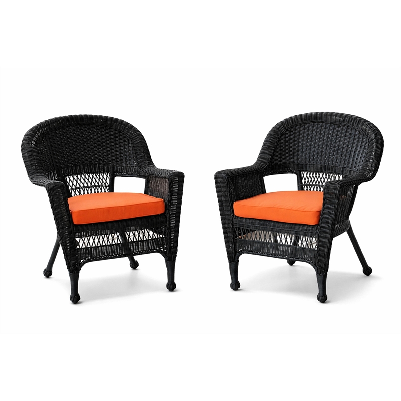 Black Resin Wicker Chair With Orange Cushion - Set of 2