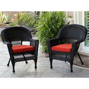 Jeco Wicker Chair in Black with Red Orange Cushion