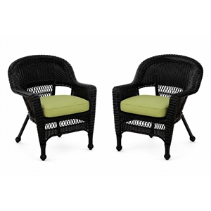Black Resin Wicker Chair With Sage Green Cushion - Set of 2