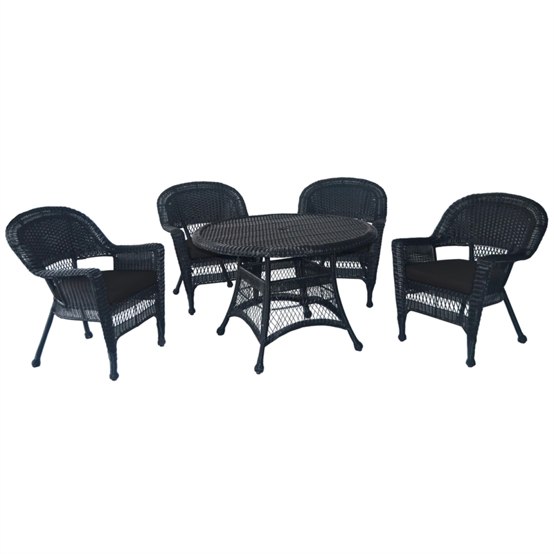 Jeco 5 Piece Resin Wicker Outdoor Patio Dining Set in Black with Black Cushion