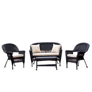 Jeco 4pc Wicker Conversation Set in Black with Tan Cushions