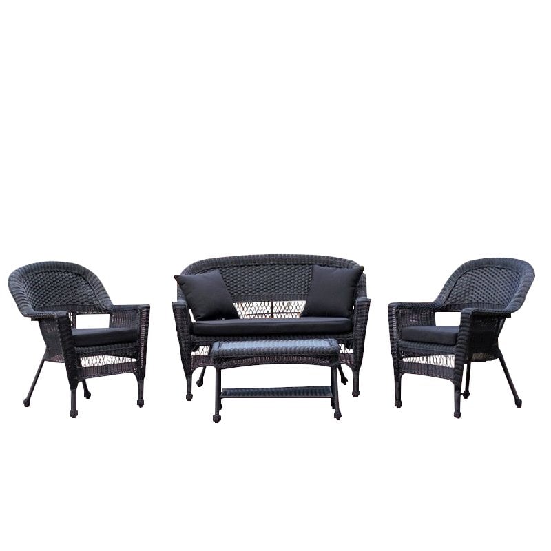 Jeco 4pc Wicker Conversation Set in Black with Black Cushions