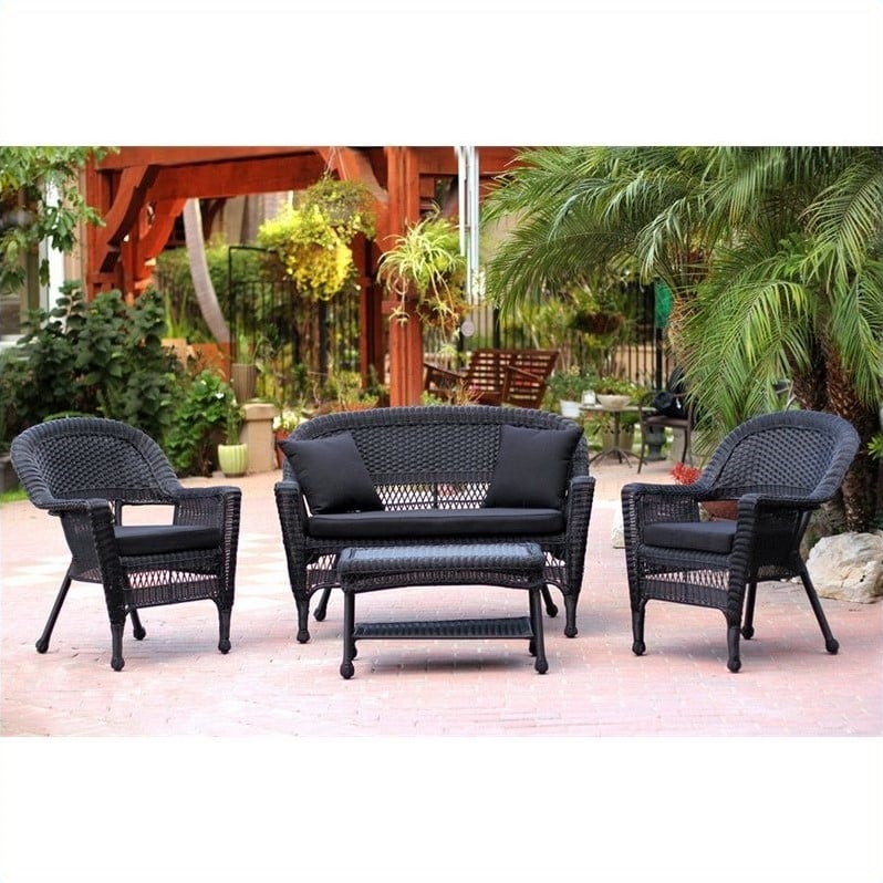 Jeco 4pc Wicker Conversation Set in Black with Black Cushions