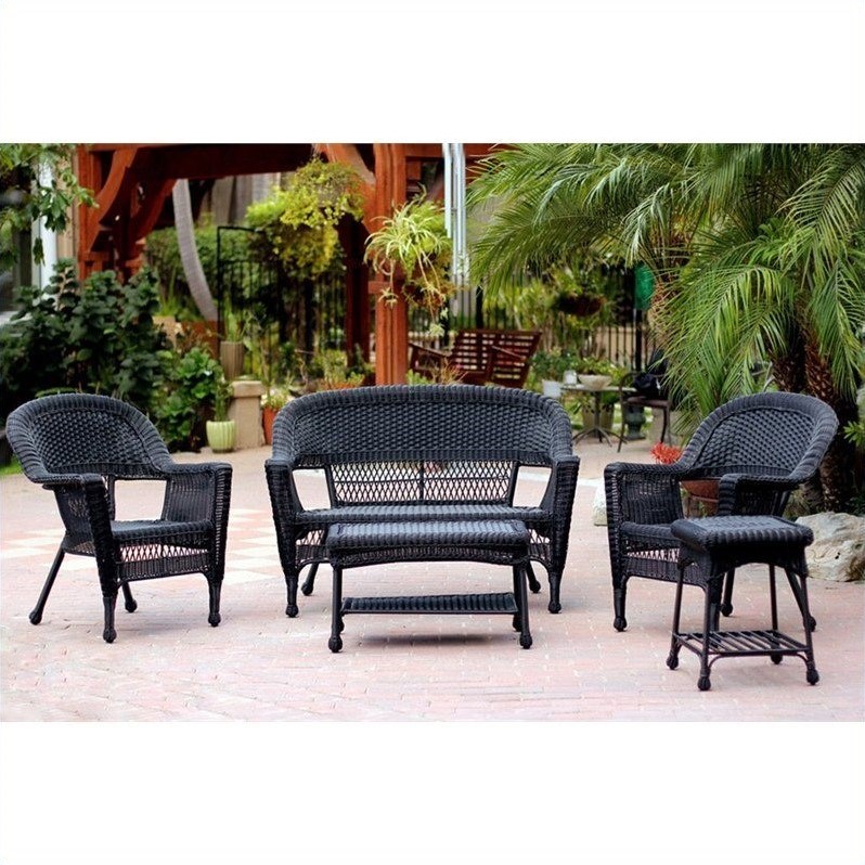 Jeco 5 Piece Resin Wicker Modern Patio Sofa Set in Black