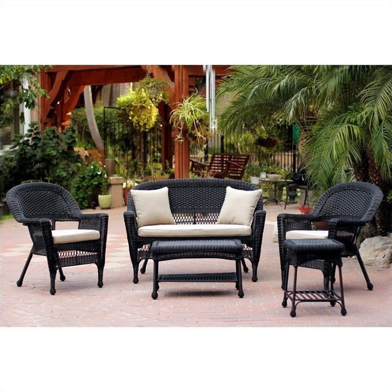 Jeco 5pc Wicker Conversation Set in Black with Tan Cushion