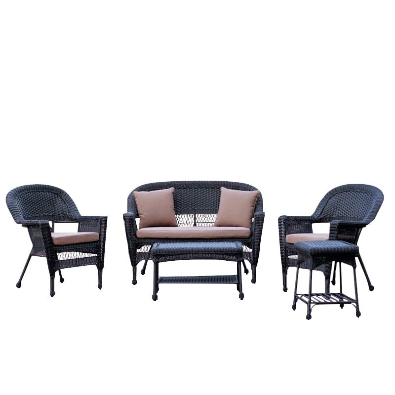 Jeco 5pc Wicker Conversation Set in Black with Brown Cushions