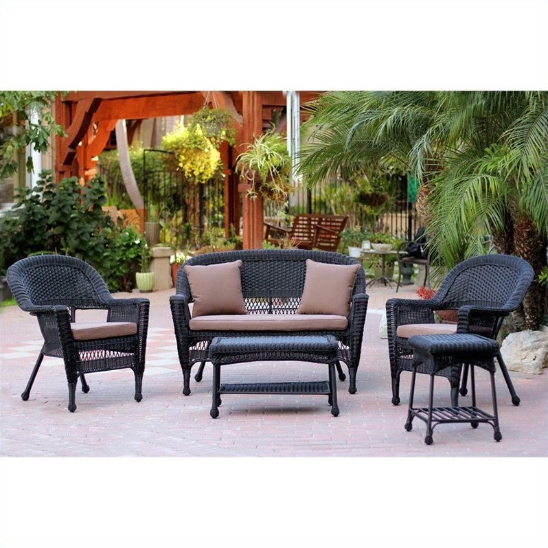 Jeco 5pc Wicker Conversation Set in Black with Brown Cushions