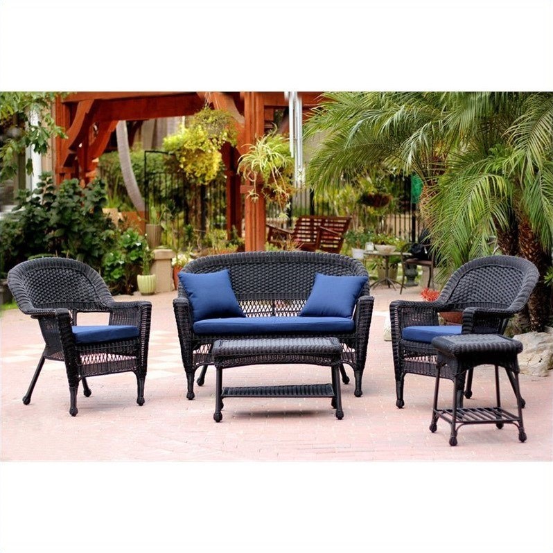 Jeco 5pc Wicker Conversation Set in Black with Blue Cushions