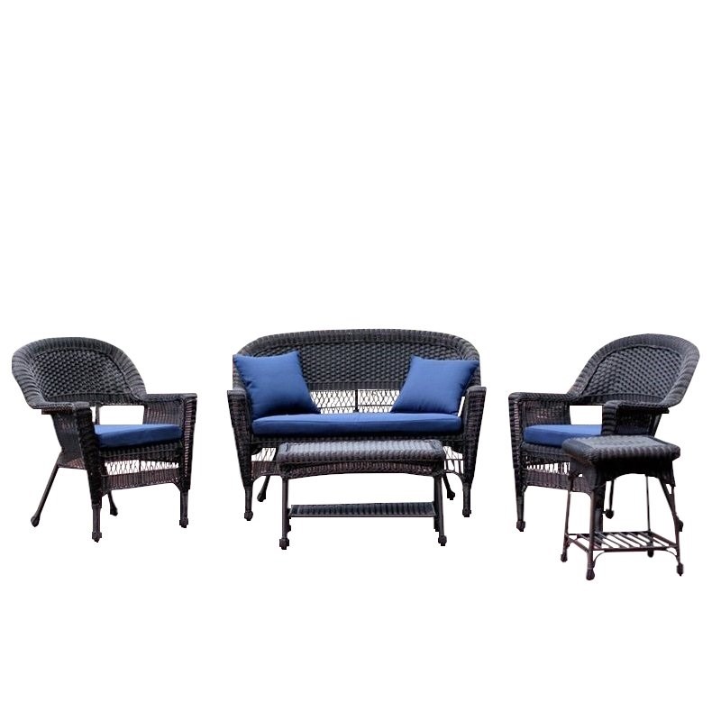 Jeco 5pc Wicker Conversation Set in Black with Blue Cushions