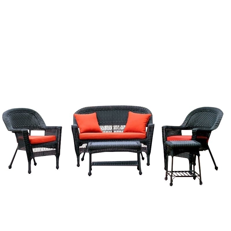 Jeco 5pc Wicker Conversation Set in Black with Red Orange Cushions