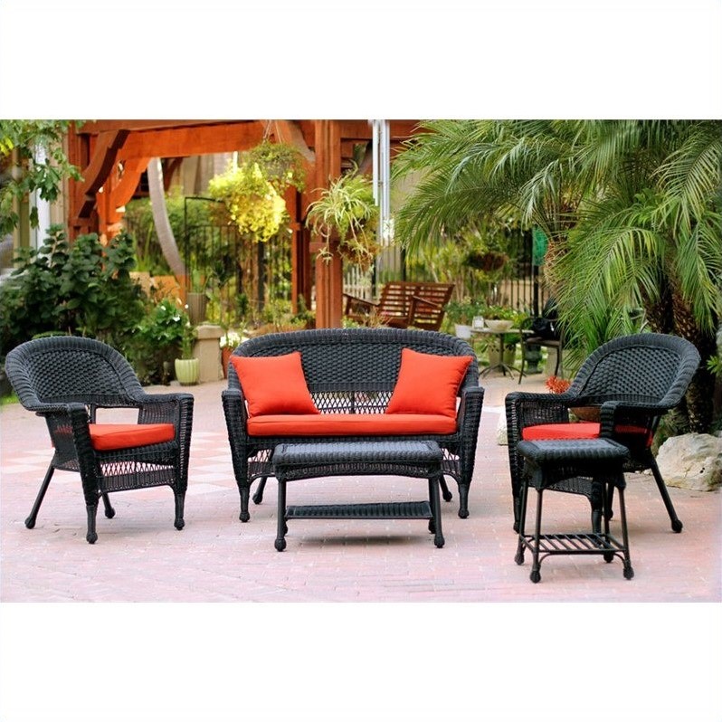 Jeco 5pc Wicker Conversation Set in Black with Red Orange Cushions