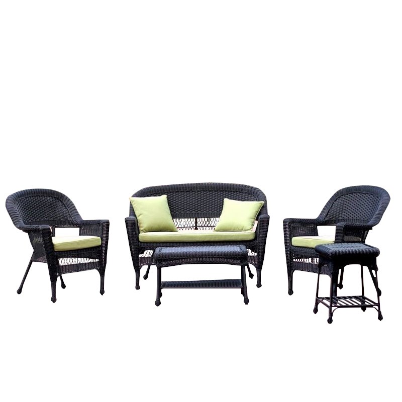Jeco 5pc Wicker Conversation Set in Black with Green Cushions