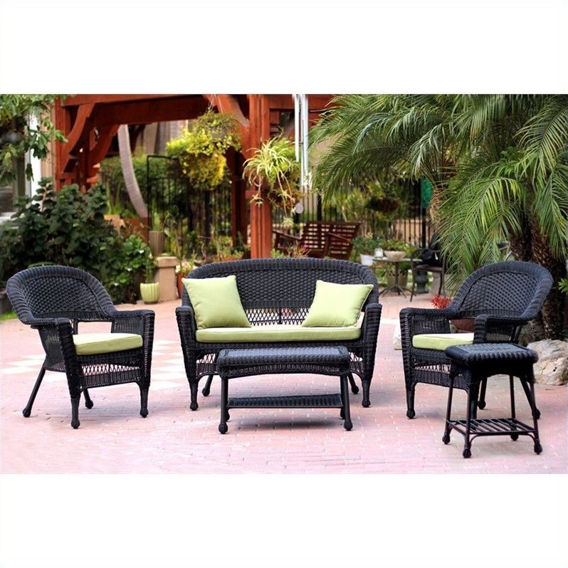Jeco 5pc Wicker Conversation Set in Black with Green Cushions