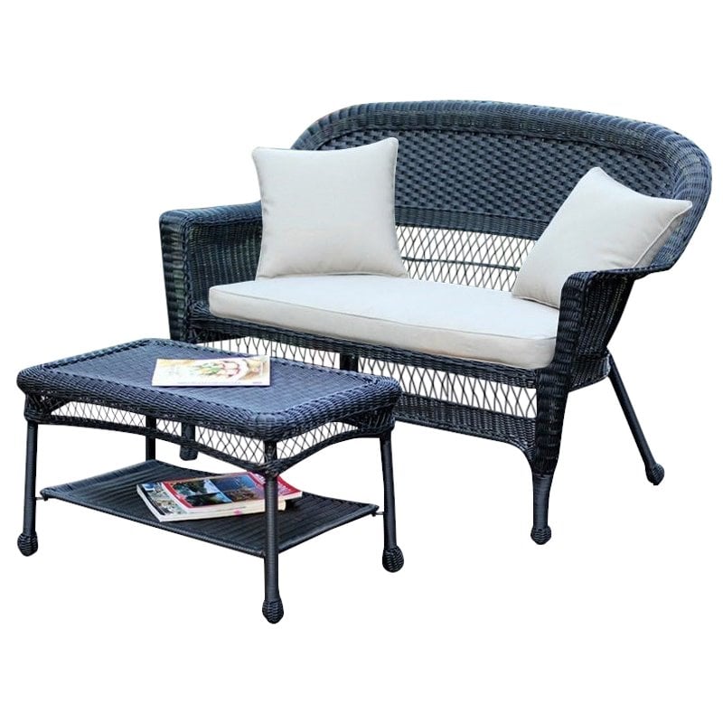 Jeco Wicker Patio Love Seat And Coffee Table Set In Black Without Cushion W00207 Lcs - Rattan Patio Furniture Without Cushions