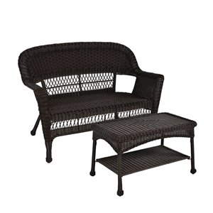 Jeco Wicker Patio Love Seat and Coffee Table Set in Black without Cushion