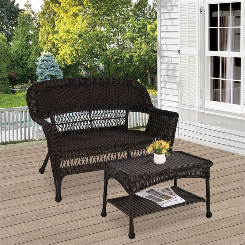 Jeco Wicker Patio Love Seat and Coffee Table Set in Black without Cushion