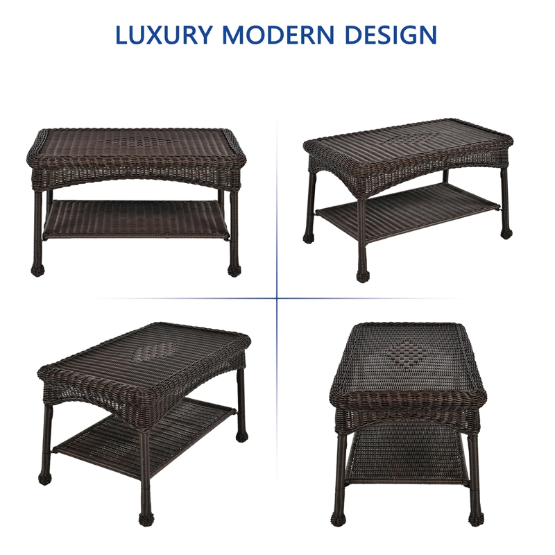 Jeco Wicker Patio Love Seat and Coffee Table Set in Black with Tan Cushion