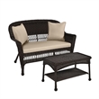 Jeco Wicker Patio Love Seat and Coffee Table Set in Black with Tan Cushion