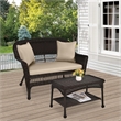 Jeco Wicker Patio Love Seat and Coffee Table Set in Black with Tan Cushion