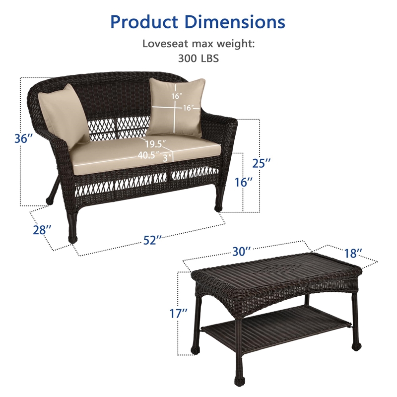 Jeco Wicker Patio Love Seat and Coffee Table Set in Black with Tan Cushion