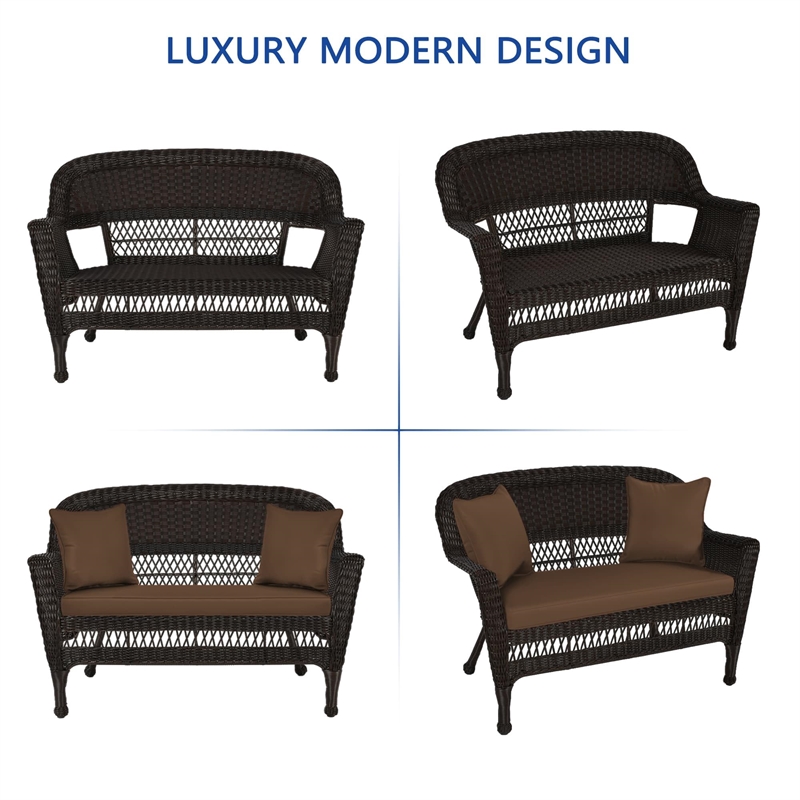Jeco Wicker Patio Love Seat and Coffee Table Set in Black with Brown Cushion