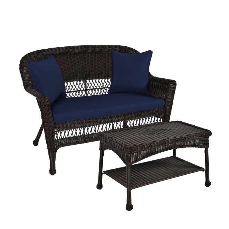 Jeco Wicker Patio Love Seat and Coffee Table Set in Black with Blue Cushion