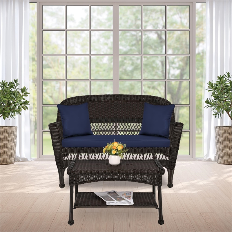 Jeco Wicker Patio Love Seat and Coffee Table Set in Black with Blue Cushion