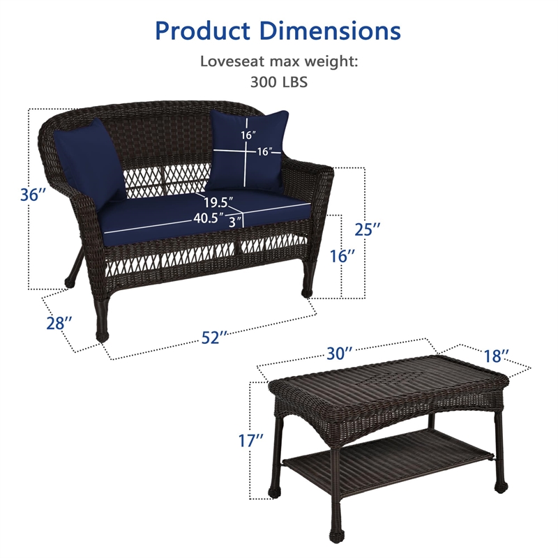 Jeco Wicker Patio Love Seat and Coffee Table Set in Black with Blue Cushion