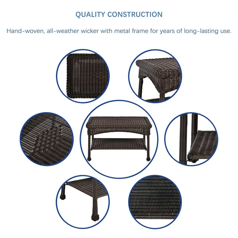 Jeco Wicker Patio Love Seat and Coffee Table Set in Black with Blue Cushion