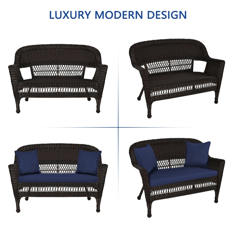 Jeco Wicker Patio Love Seat and Coffee Table Set in Black with Blue Cushion