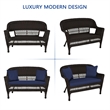 Jeco Wicker Patio Love Seat and Coffee Table Set in Black with Blue Cushion