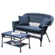 Jeco Wicker Patio Love Seat and Coffee Table Set in Black with Black Cushion