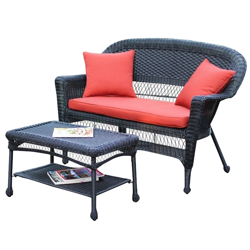 Jeco Wicker Patio Love Seat and Coffee Table Set in Black