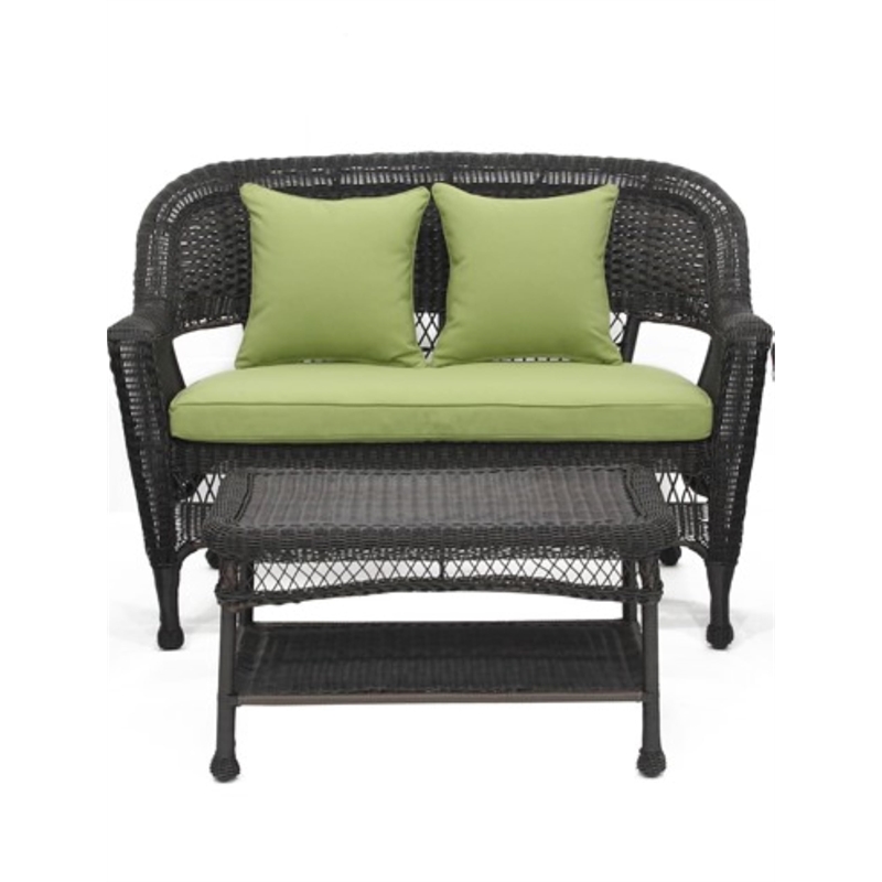 Jeco Wicker Patio Love Seat and Coffee Table Set in Black with Green Cushion