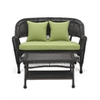 Jeco Wicker Patio Love Seat and Coffee Table Set in Black with Green Cushion