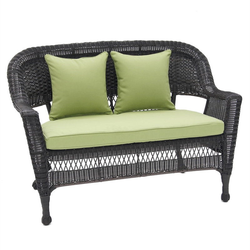Jeco Wicker Patio Love Seat and Coffee Table Set in Black with Green Cushion
