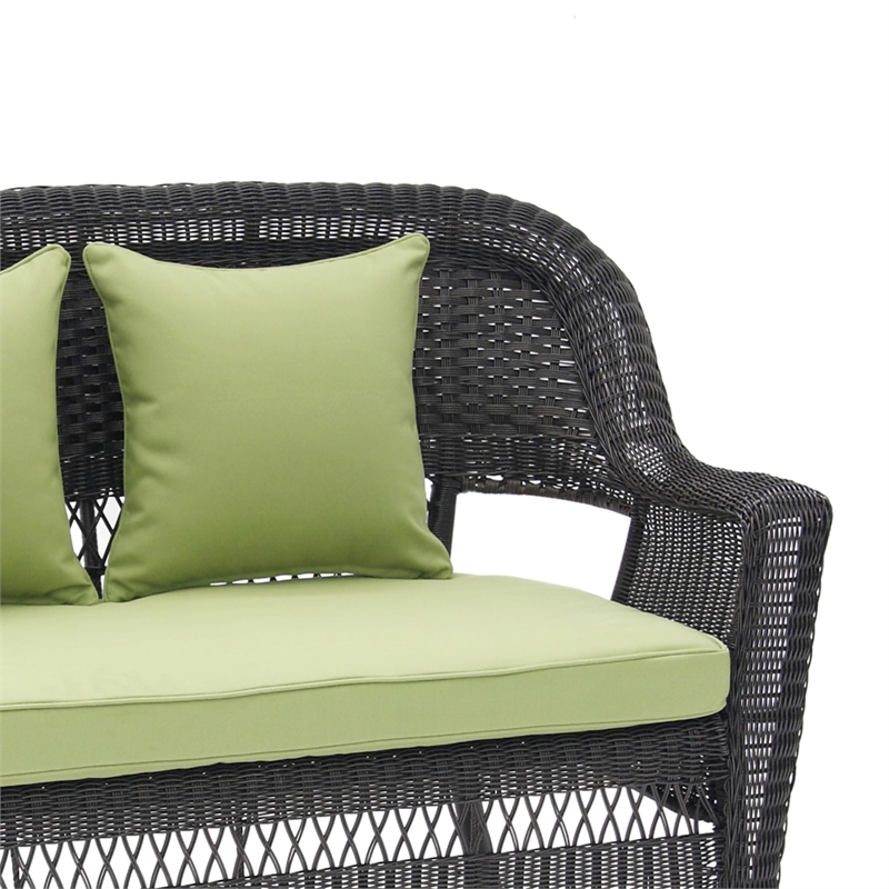 Jeco Wicker Patio Love Seat and Coffee Table Set in Black with Green Cushion