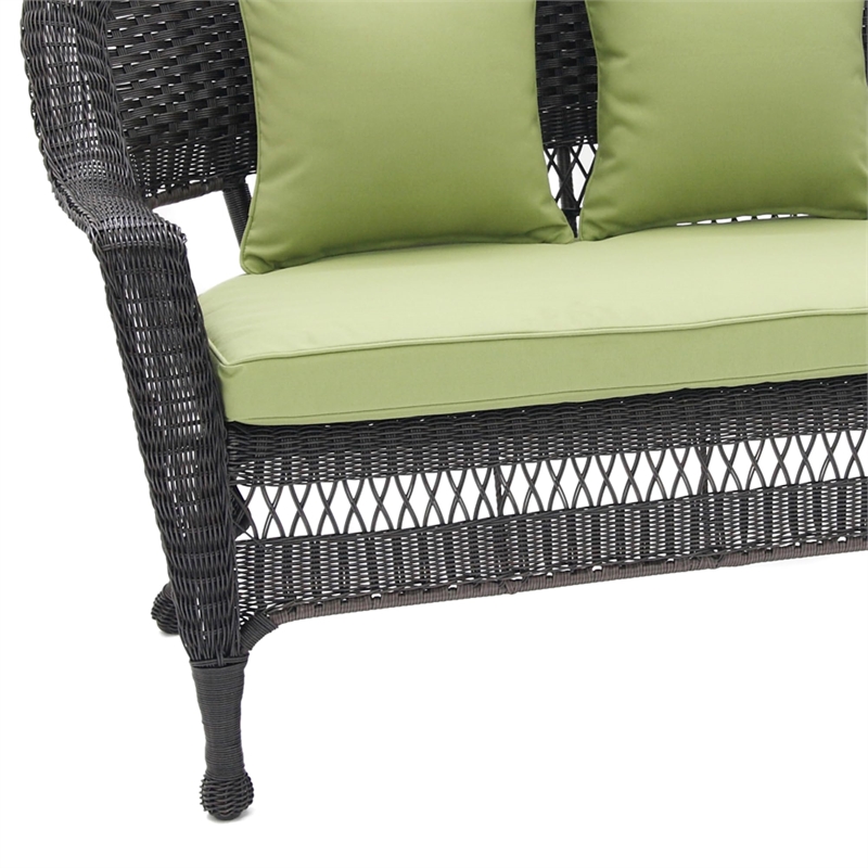 Jeco Wicker Patio Love Seat and Coffee Table Set in Black with Green Cushion
