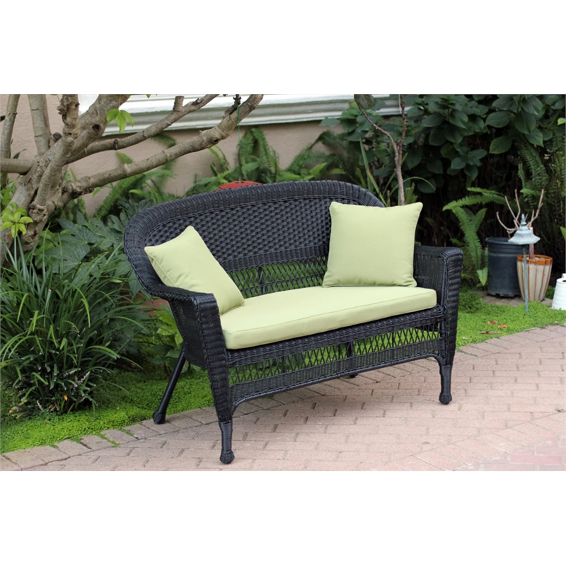 Jeco Wicker Patio Love Seat and Coffee Table Set in Black with Green Cushion