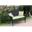 Jeco Wicker Patio Love Seat and Coffee Table Set in Black with Green Cushion