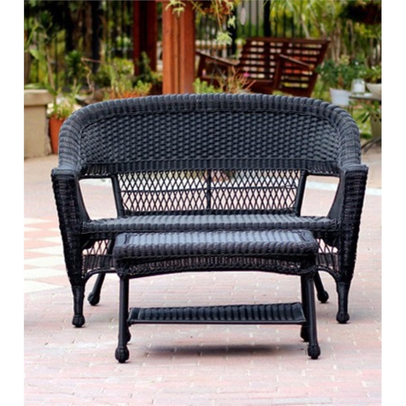 Jeco Wicker Patio Love Seat and Coffee Table Set in Black with Green Cushion