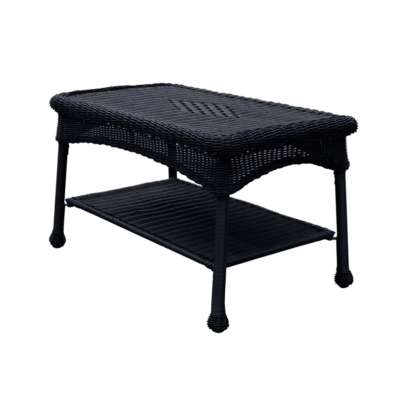 Jeco Wicker Patio Love Seat and Coffee Table Set in Black with Green Cushion