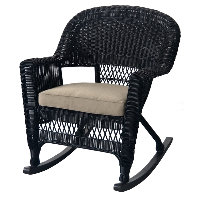 Jeco Wicker Rocker Chair in Black with Tan Cushion (Set of 2)