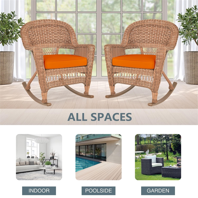 Jeco Wicker Rocker Chair in Black with Brown Cushion (Set of 2)