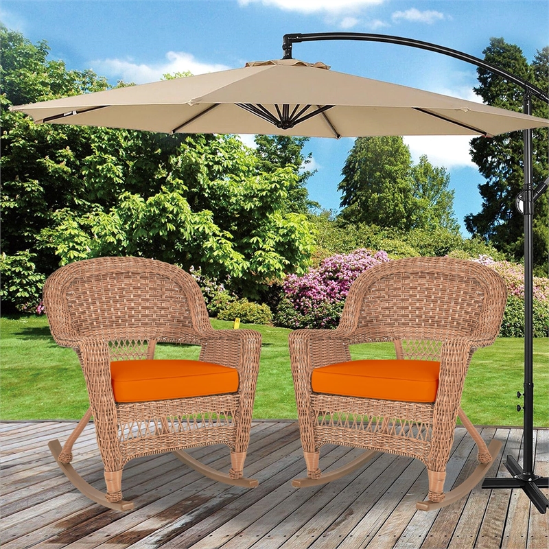 Jeco Wicker Rocker Chair in Black with Brown Cushion (Set of 2)