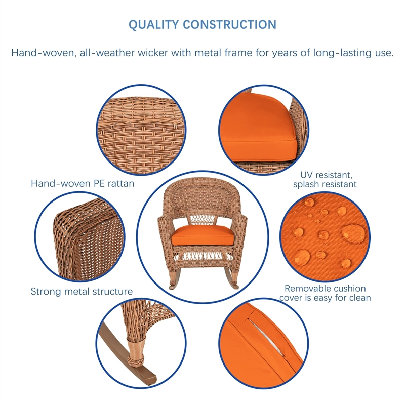 Jeco Wicker Rocker Chair in Black with Brown Cushion (Set of 2)