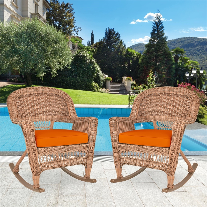 Jeco Wicker Rocker Chair in Black with Brown Cushion (Set of 2)