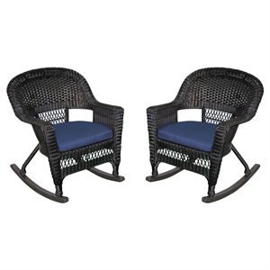 Jeco Wicker Rocker Chair in Black with Blue Cushion (Set of 2)