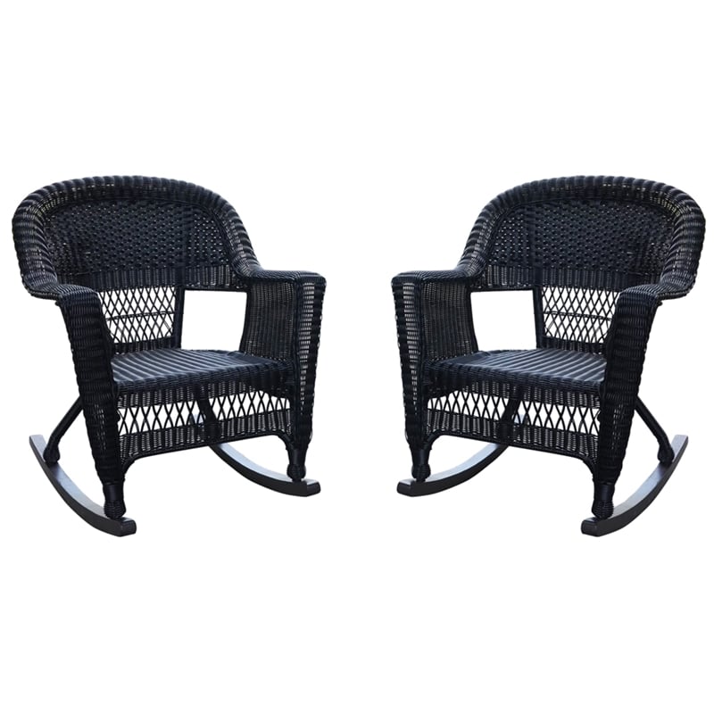 Jeco Wicker Rocker Chair in Black with Blue Cushion (Set of 2)